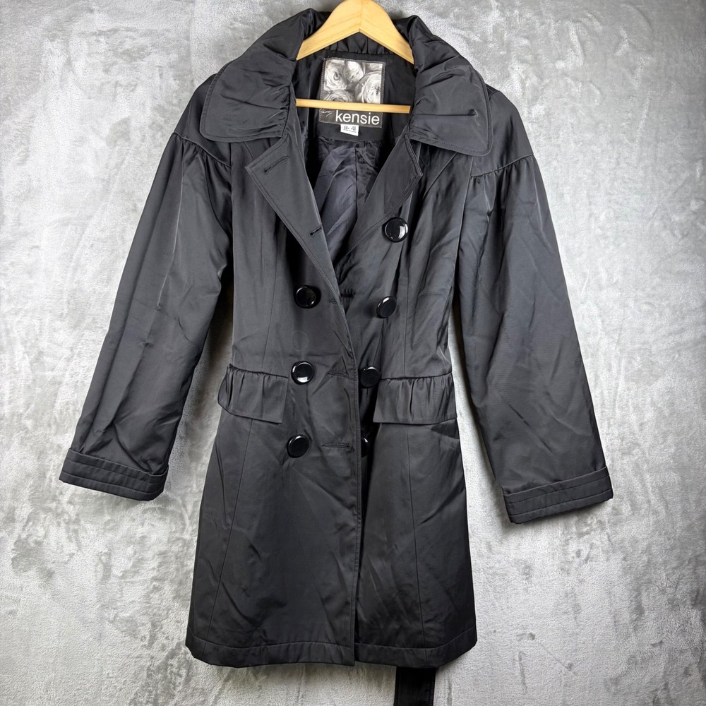 Kensie Womens Ruffle Collar Belted Double Breasted Trench Coat Black XS Romantic